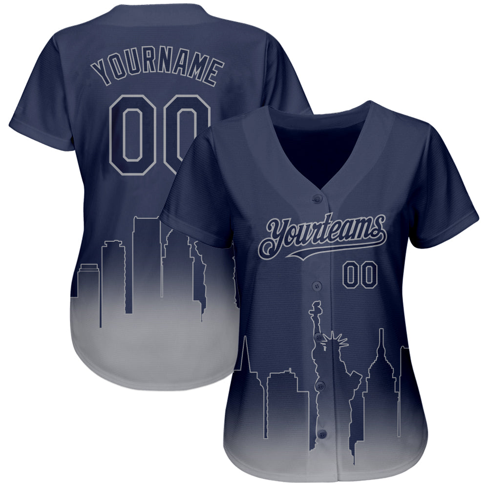 Custom Navy Gray 3D New York City Edition Fade Fasion Authentic Baseball Jersey