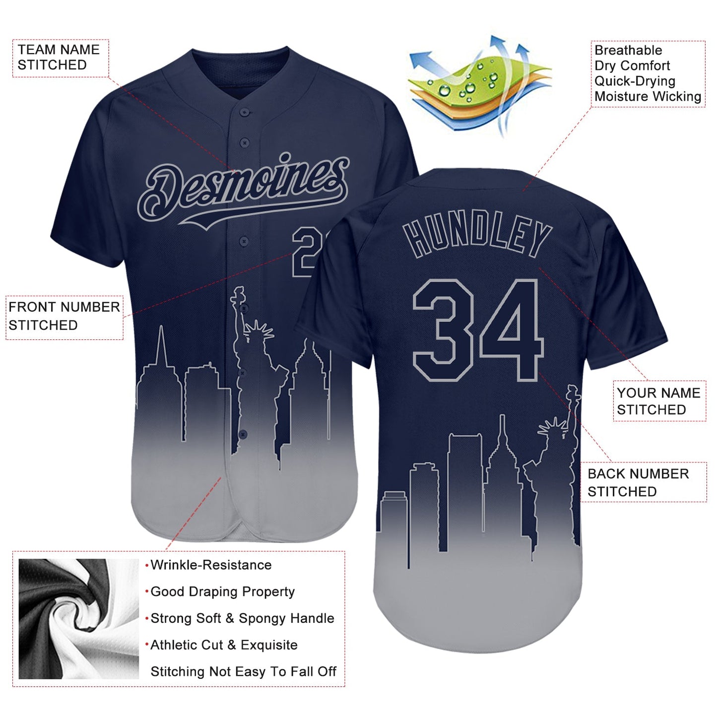 Custom Navy Gray 3D New York City Edition Fade Fasion Authentic Baseball Jersey