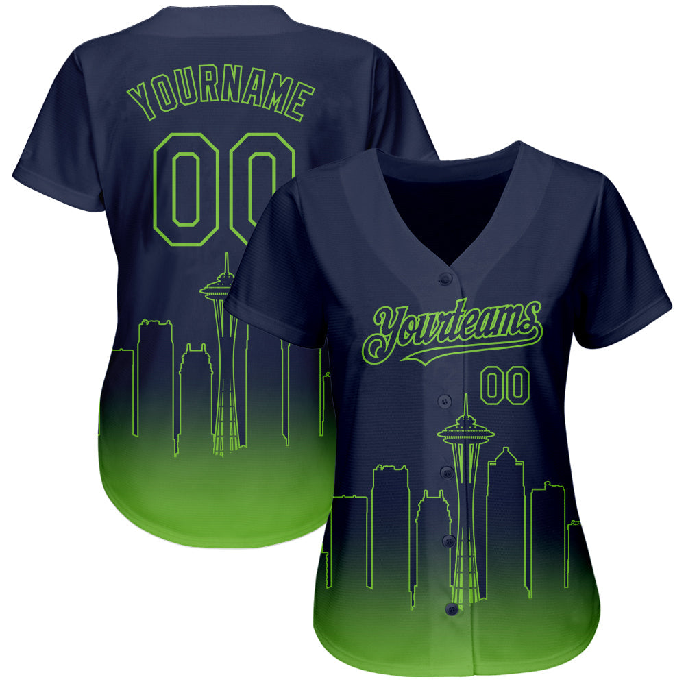 Custom Navy Neon Green 3D Seattle City Edition Fade Fasion Authentic Baseball Jersey