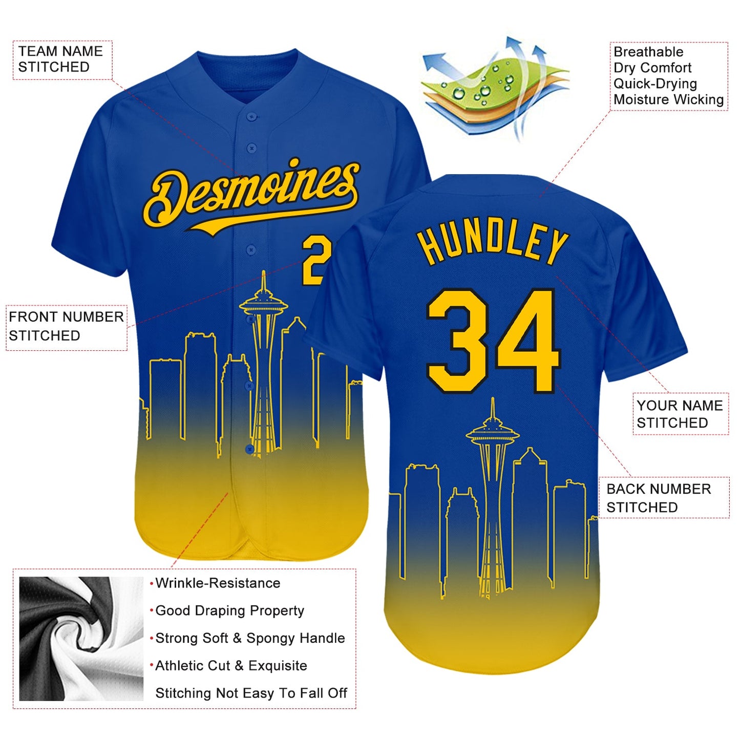 Custom Royal Yellow-Black 3D Seattle City Edition Fade Fasion Authentic Baseball Jersey