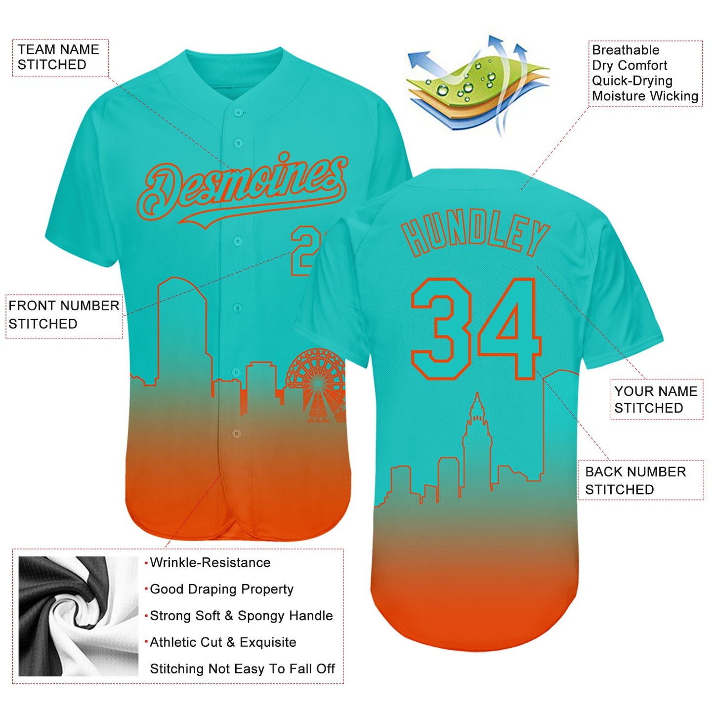 Custom Aqua Orange 3D Miami City Edition Fade Fasion Authentic Baseball Jersey