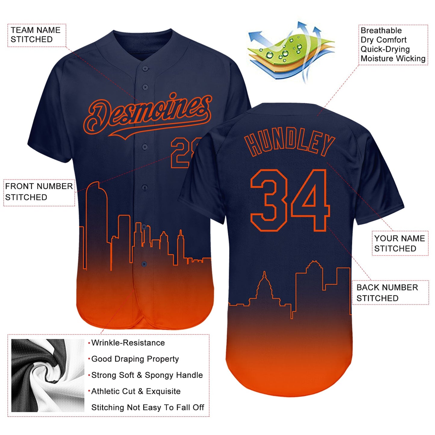 Custom Navy Orange 3D Denver City Edition Fade Fasion Authentic Baseball Jersey