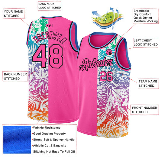 Custom Pink Black 3D PatternTropical Hawaii Palm Leaves Authentic Basketball Jersey