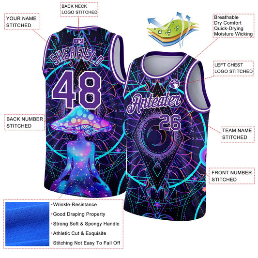 Custom Purple White 3D Pattern Design Magic Mushrooms Over Sacred Geometry Psychedelic Hallucination Authentic Basketball Jersey