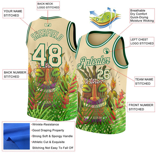 Custom Cream Kelly Green 3D Pattern Cartoon Tropical Hawaii Rainforest Authentic Basketball Jersey