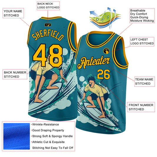 Custom Teal Gold-Black 3D Pattern Beach Surfing Authentic Basketball Jersey
