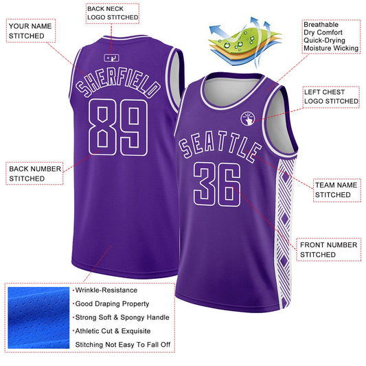 Custom Purple White Side Panel Abstract Lines Authentic City Edition Basketball Jersey