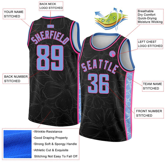 Custom Black Light Blue-Pink Flowers Authentic City Edition Basketball Jersey