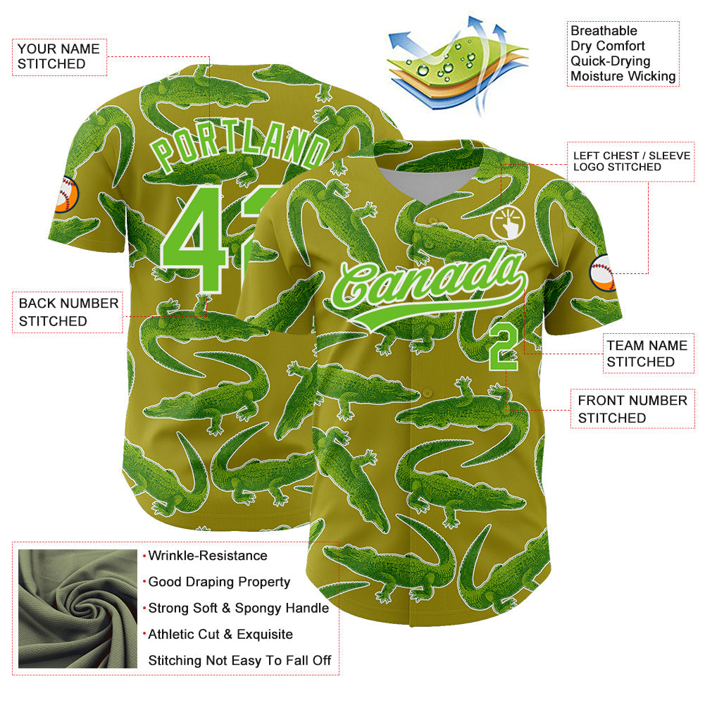Custom Olive Aurora Green-White 3D Pattern Design Crocodile And Plant Authentic Baseball Jersey