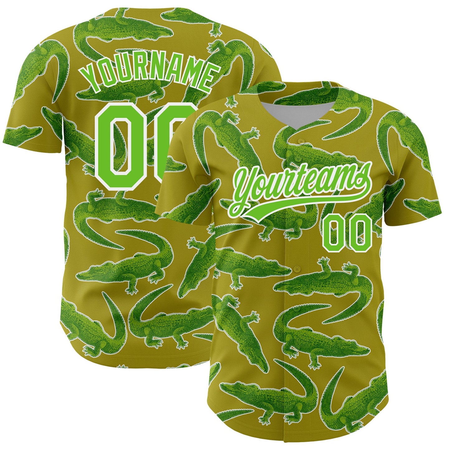 Custom Olive Aurora Green-White 3D Pattern Design Crocodile And Plant Authentic Baseball Jersey