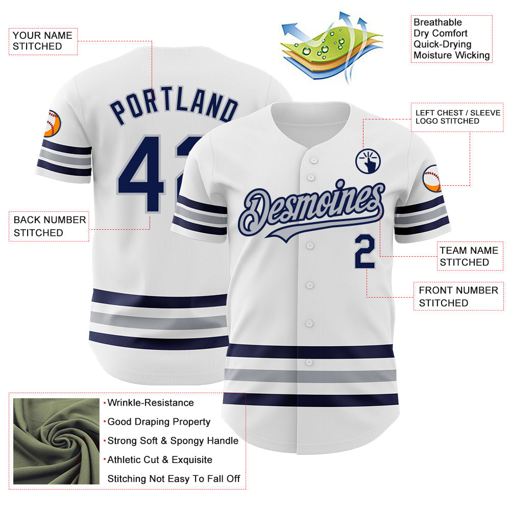Custom White Navy-Gray Line Authentic Baseball Jersey