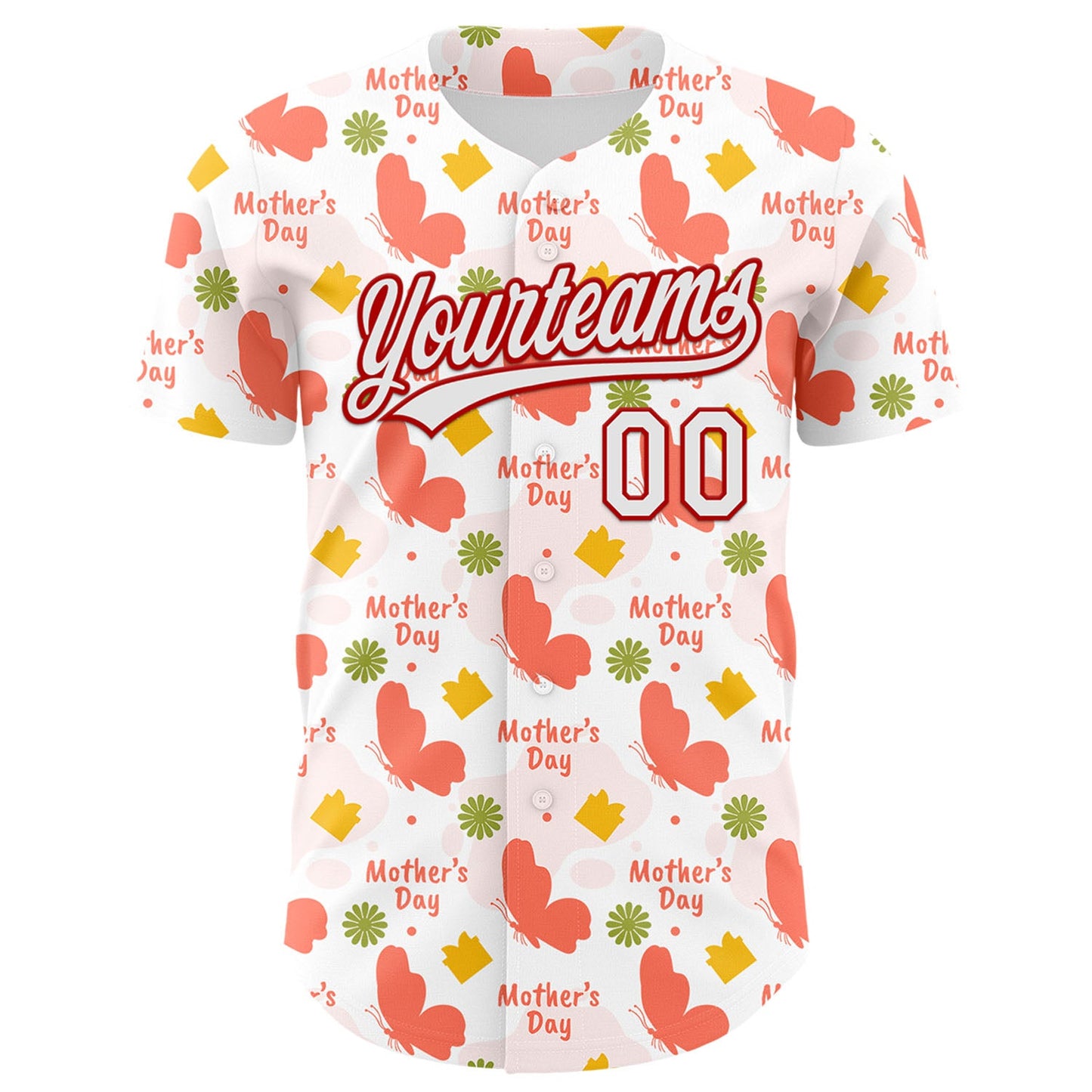Custom White Red 3D Pattern Design Mother's Day Love Authentic Baseball Jersey
