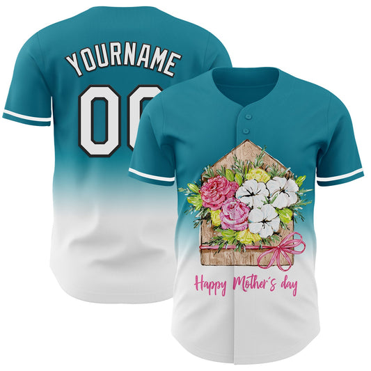 Custom Teal White-Black 3D Pattern Design Gradient Mother's Day Flower Authentic Baseball Jersey