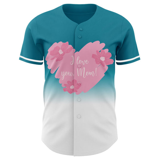Custom Teal White-Light Pink 3D Pattern Design Gradient Mother's Day Love And Flower Authentic Baseball Jersey