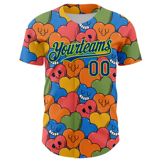 Custom White Royal-Neon Green 3D Pattern Design Funny Cartoon Heart Authentic Baseball Jersey