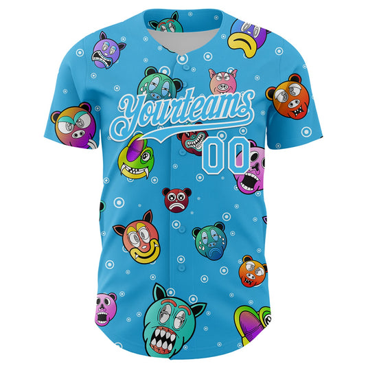 Custom Sky Blue White 3D Pattern Design Funny Cartoon Animal Authentic Baseball Jersey