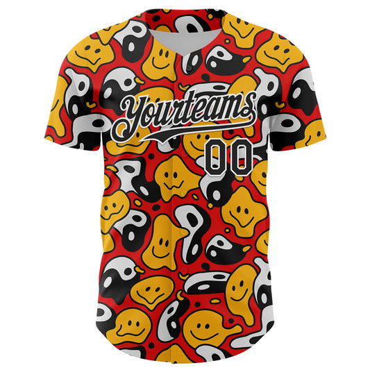 Custom Red Black-White 3D Pattern Design Funny Cartoon Emoji Smile Face And Yin Yang Authentic Baseball Jersey