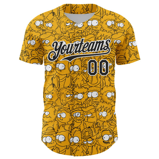 Custom Gold Black-White 3D Pattern Design Funny Cartoon People Authentic Baseball Jersey