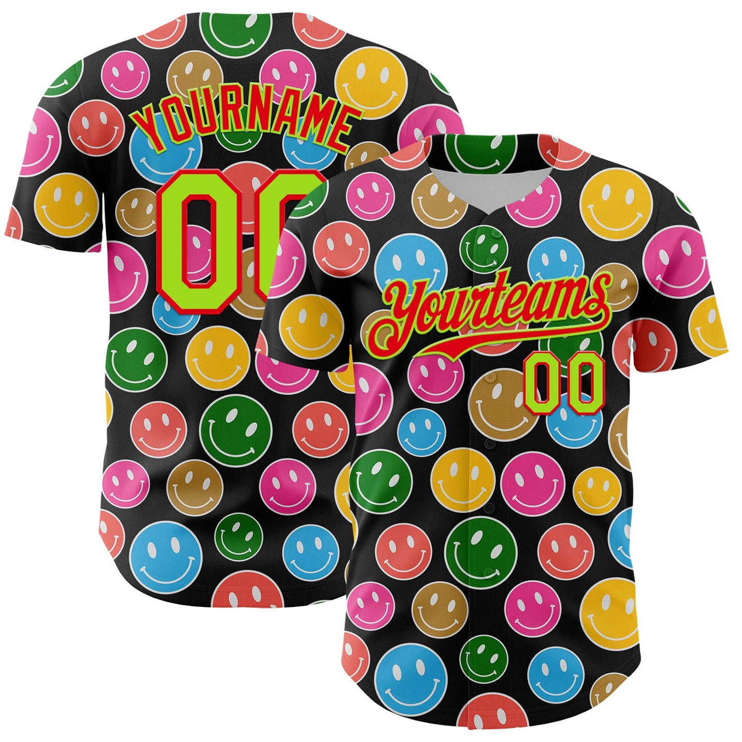 Custom Black Neon Green-Fire Red 3D Pattern Design Funny Cartoon Emoji Smile Face Authentic Baseball Jersey