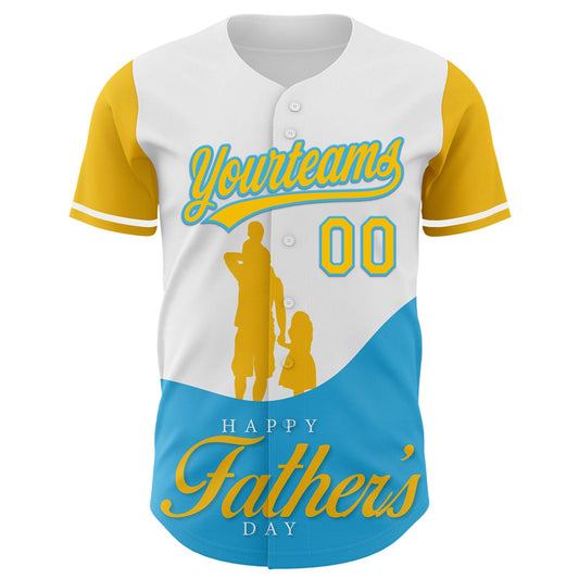 Custom White Yellow-Sky Blue 3D Pattern Design Father's Day Family Love Authentic Baseball Jersey