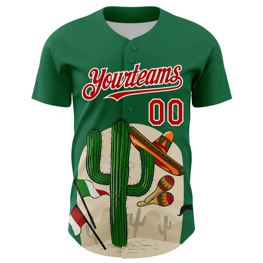 Custom Kelly Green Red-White 3D Mexican Festival Cactus Sombrero And Flag Cinco de Mayo Authentic Baseball Jersey