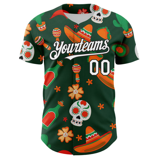 Custom Green White-Black 3D Mexican Festival Sombrero And Skull Cinco de Mayo Authentic Baseball Jersey