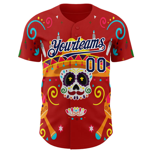 Custom Red Navy-White 3D Mexican Festival Flower And Skull Sombrero Cinco de Mayo Authentic Baseball Jersey
