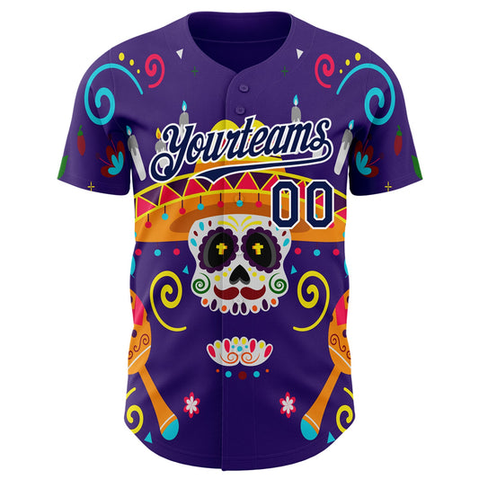 Custom Purple Navy-White 3D Mexican Festival Flower Skull With Sombrero Cinco de Mayo Authentic Baseball Jersey