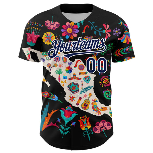Custom Black Navy-White 3D Mexico Map With Tropical Plant And Animal Authentic Baseball Jersey