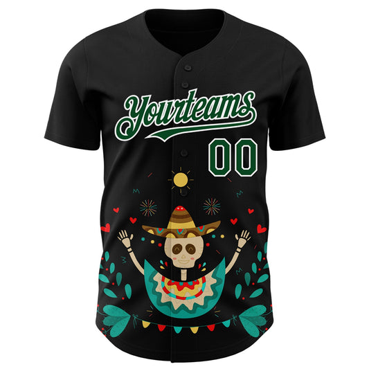 Custom Black Green-White 3D Mexican Festival Flower Skull With Sombrero Cinco de Mayo Authentic Baseball Jersey