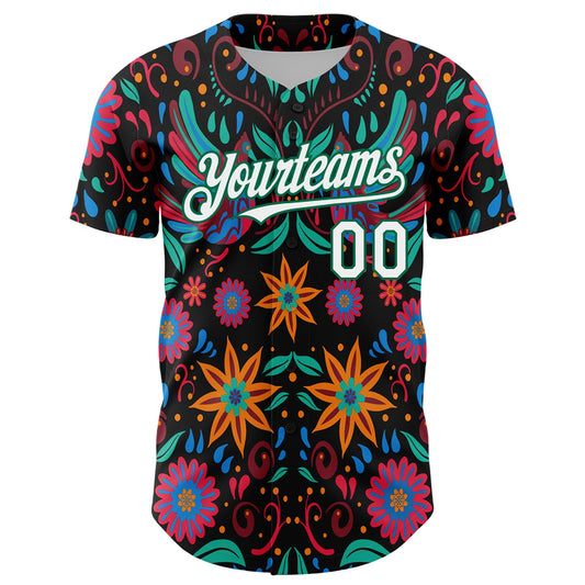 Custom Black White-Kelly Green 3D Mexican Festival Flower Cinco de Mayo Authentic Baseball Jersey