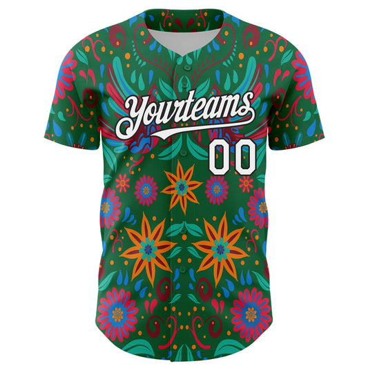 Custom Kelly Green White-Black 3D Mexican Festival Flower Cinco de Mayo Authentic Baseball Jersey