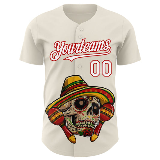 Custom Cream White-Red 3D Mexican Festival Skull With Sombrero Cinco de Mayo Authentic Baseball Jersey