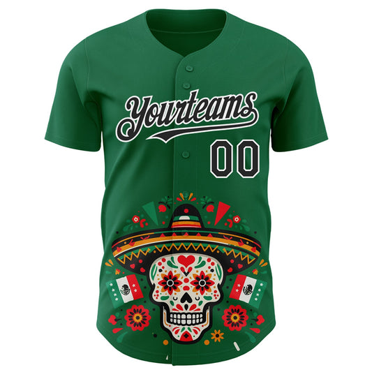 Custom Kelly Green Black-White 3D Mexican Festival Flag Skull With Sombrero Cinco de Mayo Authentic Baseball Jersey