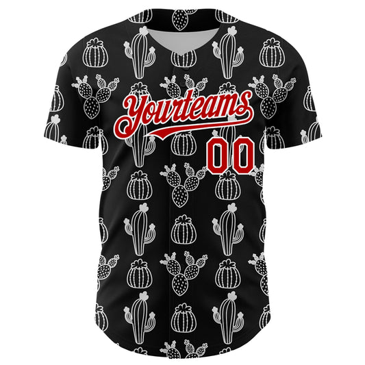 Custom Black Red-White 3D Mexican Cactus Authentic Baseball Jersey