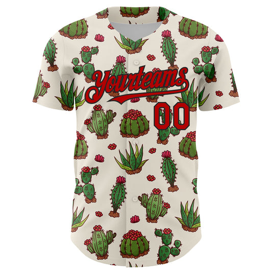 Custom Cream Red-Black 3D Mexican Cactus Authentic Baseball Jersey