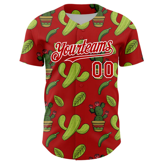 Custom Red White 3D Mexican Cactus Authentic Baseball Jersey