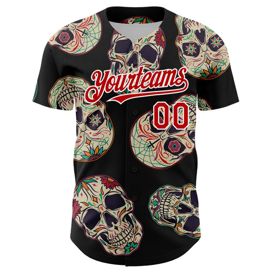 Custom Black Red-White 3D Mexican Skull Authentic Baseball Jersey