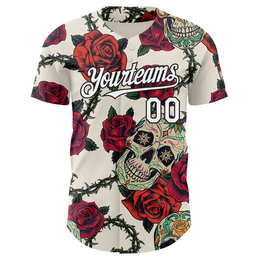 Custom Cream White-Black 3D Mexican Skull And Flower Authentic Baseball Jersey