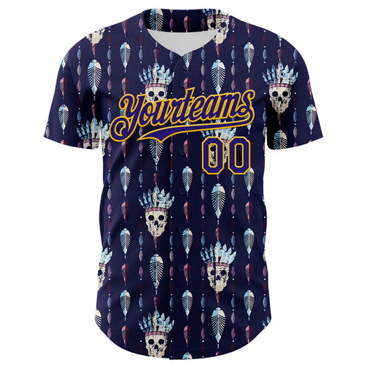 Custom Blue Dark Purple-Gold 3D Apache Skull Authentic Baseball Jersey