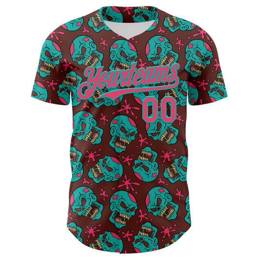 Custom Brown Neon Pink-Aqua 3D Zombie Skull Authentic Baseball Jersey