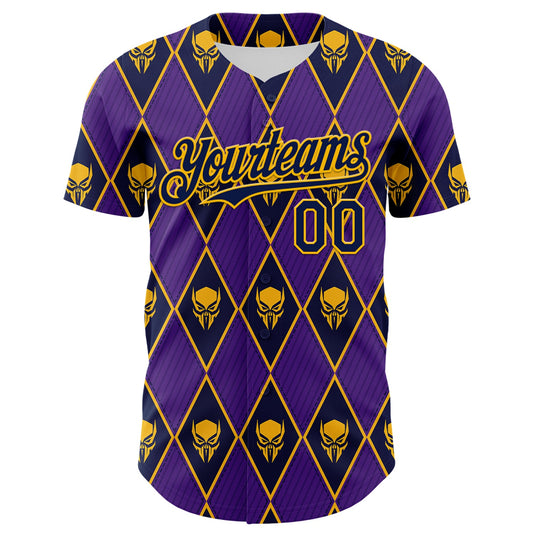 Custom Purple Navy-Gold 3D Skull Authentic Baseball Jersey