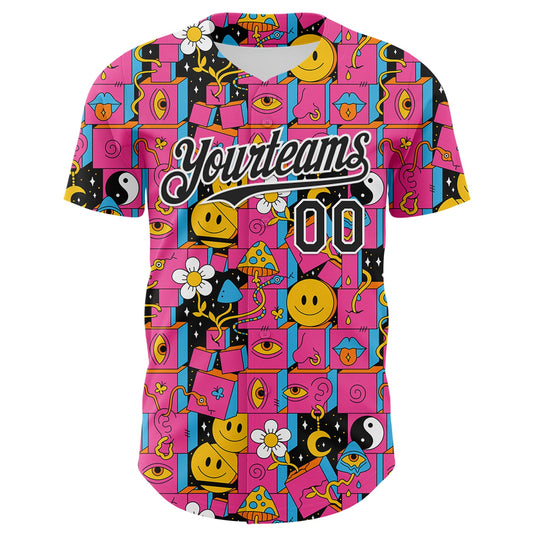 Custom Hot Pink Black-White 3D Pattern Design Rave Psychedelic Geometry Authentic Baseball Jersey