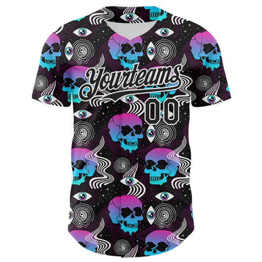 Custom Black White 3D Pattern Design Rave Psychedelic Skull Authentic Baseball Jersey