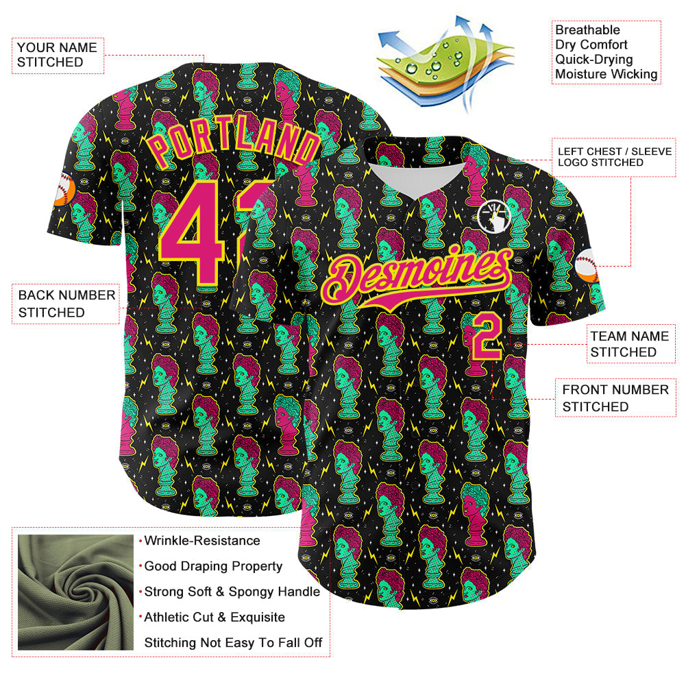 Custom Black Hot Pink-Light Yellow 3D Pattern Design Rave Psychedelic Sculpture Authentic Baseball Jersey