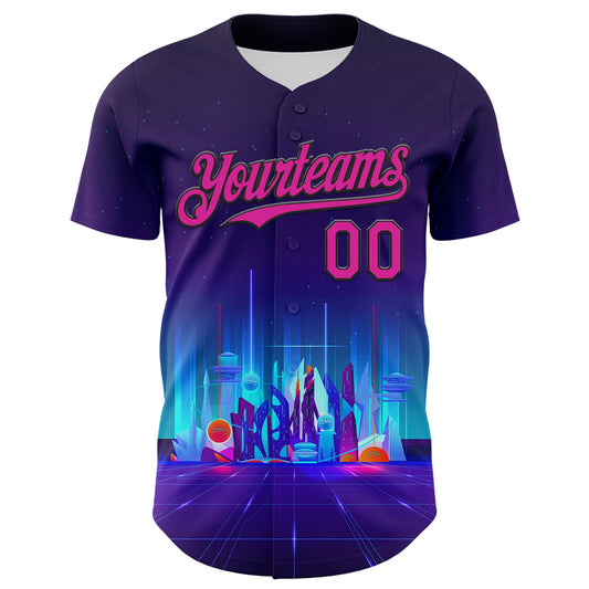Custom Navy Deep Pink-Black 3D Pattern Design Rave Psychedelic Futuristic City Authentic Baseball Jersey