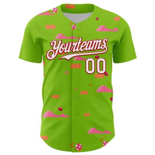 Custom Neon Green White-Red 3D Pattern Design Retro Pixel Arcade Game Authentic Baseball Jersey