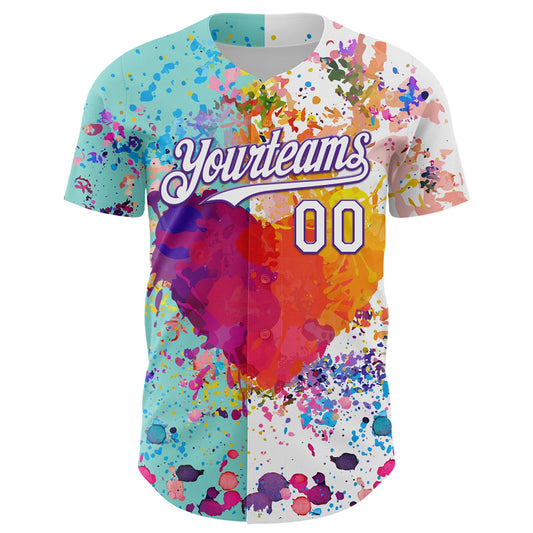 Custom White Ice Blue-Purple 3D Pattern Design Graffiti Splash Authentic Baseball Jersey