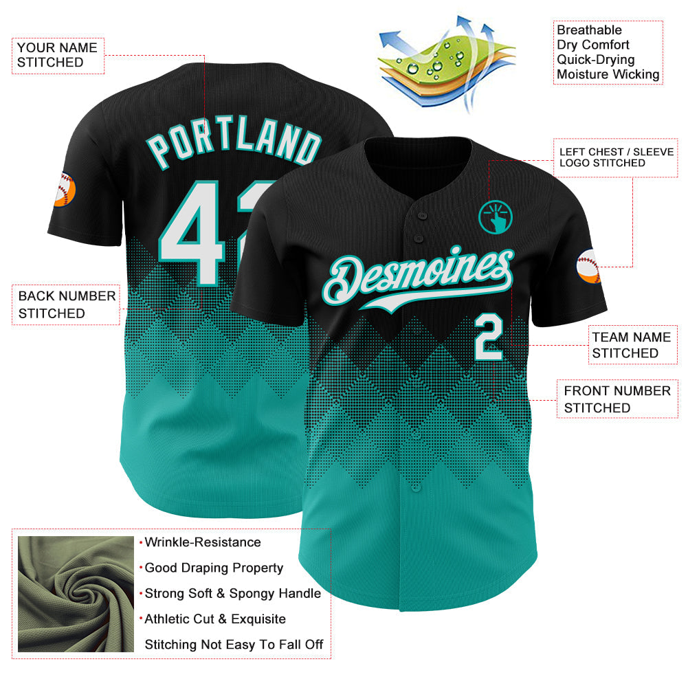 Custom Black White-Aqua 3D Gradient Square Shape Authentic Baseball Jersey