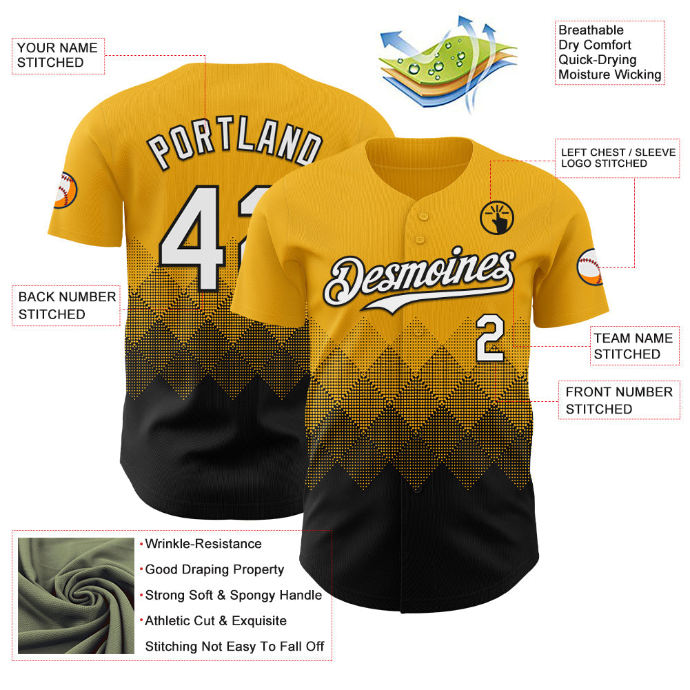 Custom Gold White-Black 3D Gradient Square Shape Authentic Baseball Jersey